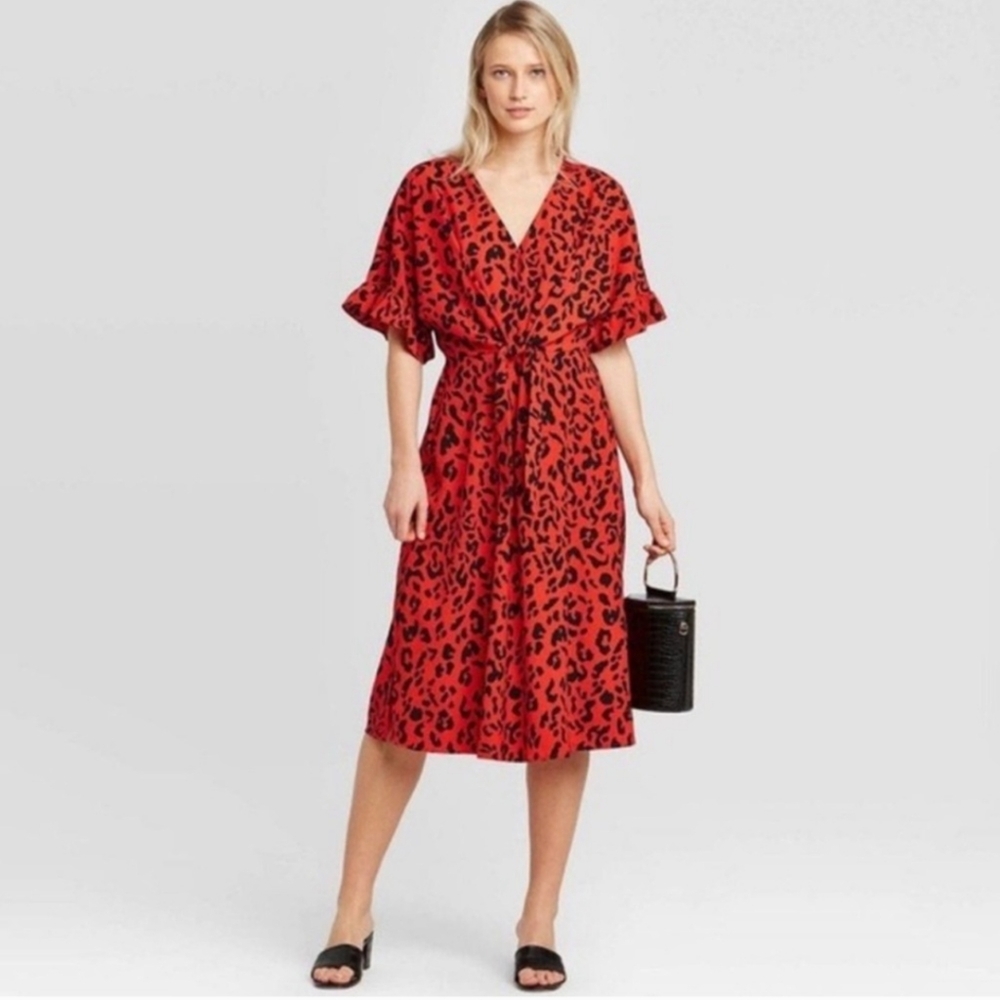 Who What Wear Red Black Leopard Print V Neck Dress Small
